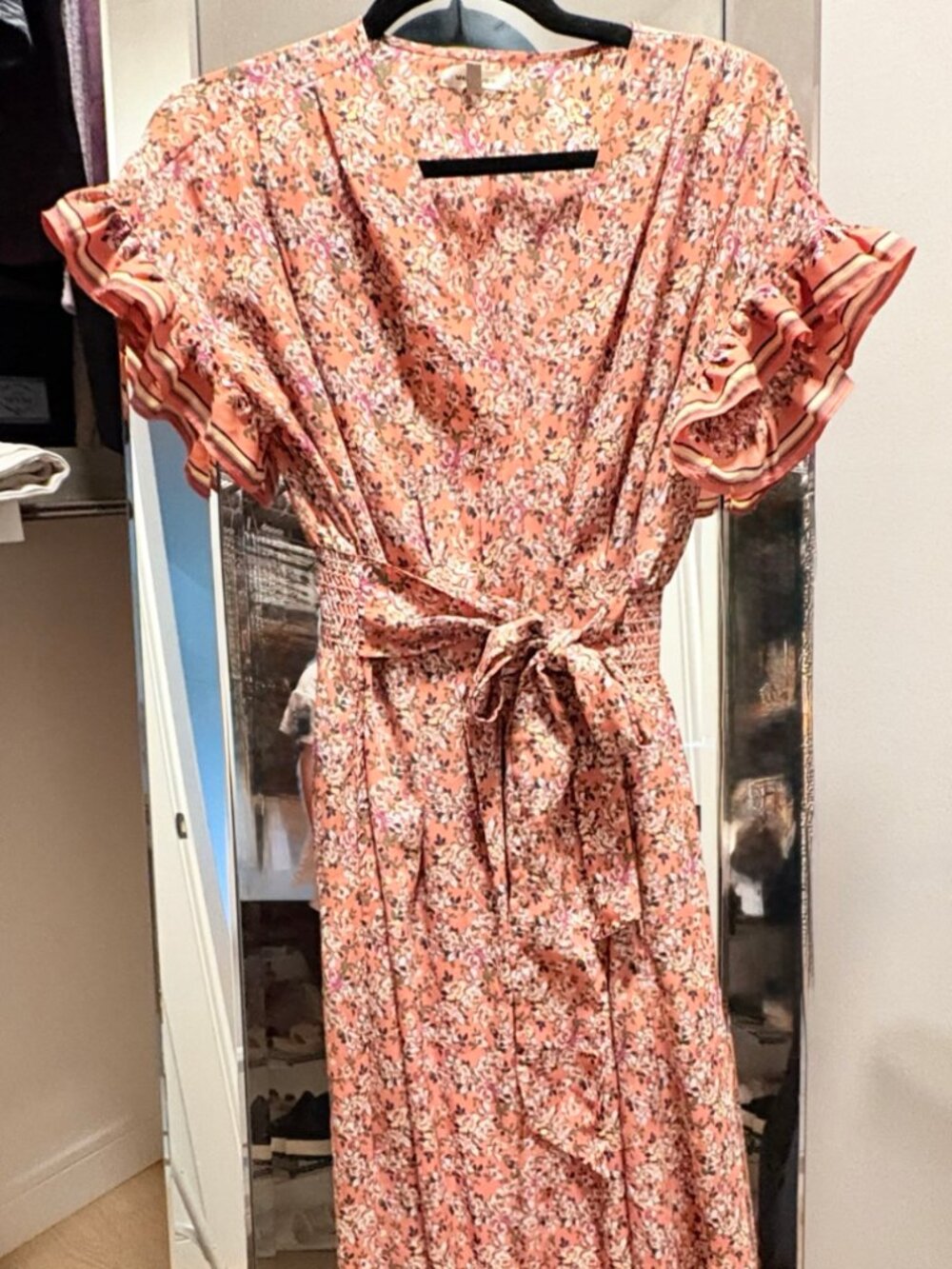 Max Studio Coral Floral Wrap Maxi Dress Size S Tie Waist